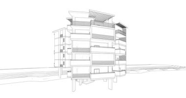 Soyut mimari arkaplan, gökdelen, üç boyutlu illüstrasyon