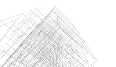 Soyut mimari arkaplan, gökdelen, üç boyutlu illüstrasyon