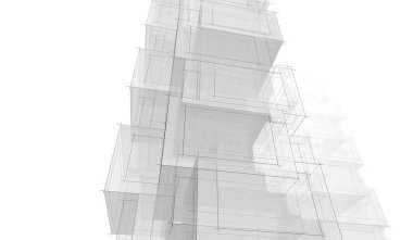 Soyut mimari arkaplan, gökdelen, üç boyutlu illüstrasyon