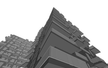 Soyut mimari arkaplan, bina, 3 boyutlu illüstrasyon