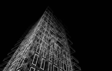 Soyut mimari arkaplan, bina, 3 boyutlu illüstrasyon