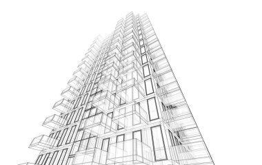 Soyut mimari arkaplan, bina, 3 boyutlu illüstrasyon