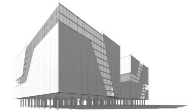 Soyut mimari arkaplan, bina, 3 boyutlu illüstrasyon