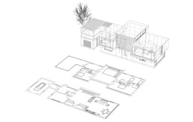 Beyaz arka planda 3D gayrimenkul projesi. çağdaş ev dış illüstrasyonu