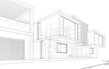 Beyaz arka planda 3D gayrimenkul projesi. çağdaş ev dış illüstrasyonu