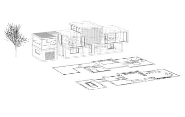 Üç boyutlu gayrimenkul cepheleri. Beyaz arka plan projesinin taslağı. çağdaş ev dış illüstrasyonu