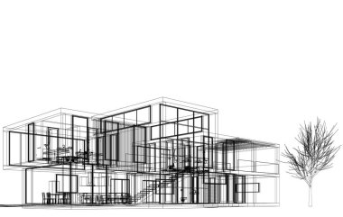 3D gayrimenkul projesi. Beyaz arka planda modern ev dış görünümü