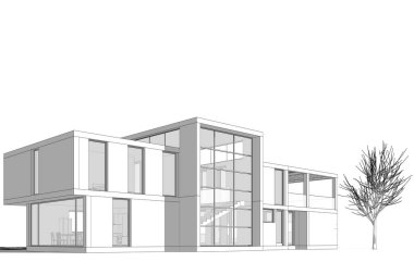 3D gayrimenkul projesi. Beyaz arka planda modern ev dış görünümü