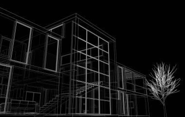 3D projesi. Siyah arka planda geometrik mimari ev çizimi