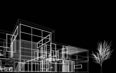 3D projesi. Siyah arka planda geometrik mimari ev çizimi