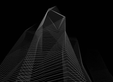 Soyut geometrik mimari cepheler, siyah arkaplan üzerine üç boyutlu çizimler