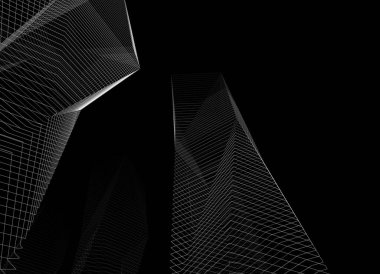 Soyut geometrik mimari cepheler, siyah arkaplan üzerine üç boyutlu çizimler