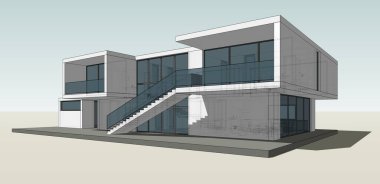 Beyaz arkaplanda modern binanın 3 boyutlu görüntüsü