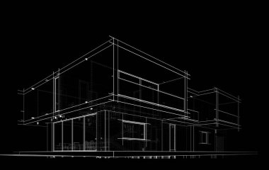 ev konsepti eskiz siyah arkaplan üzerinde 3d illüstrasyon