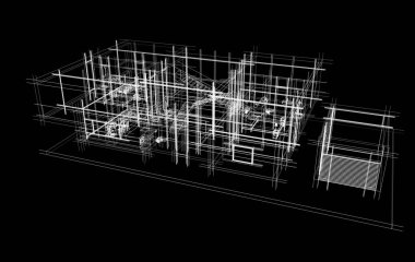 ev konsepti eskiz siyah arkaplan üzerinde 3d illüstrasyon