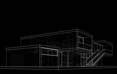 ev konsepti eskiz siyah arkaplan üzerinde 3d illüstrasyon