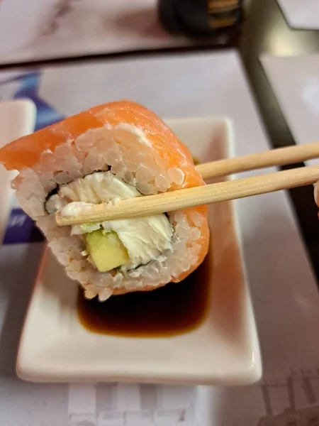 Sushi Salmon Wasabi White Plate Japanese Chinese Food — Stock Photo, Image