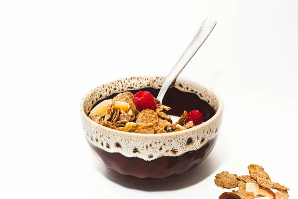 Muesli Raspberries Milk Bowl White Background Healthy Breakfasts Proper Nutrition — Stock Photo, Image