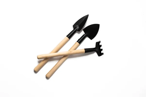 Wooden Gardening Tools Shovel Rake White Background — Stock Photo, Image