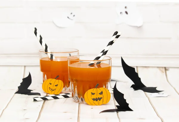 Słodki Sok Pumkin Halloween Drinki Imprezę Dla Dzieci Wystrój Drinków — Zdjęcie stockowe