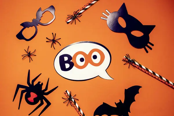 Halloween decor set, spider, bat glasses, black cat. Happy Halloween greeting card