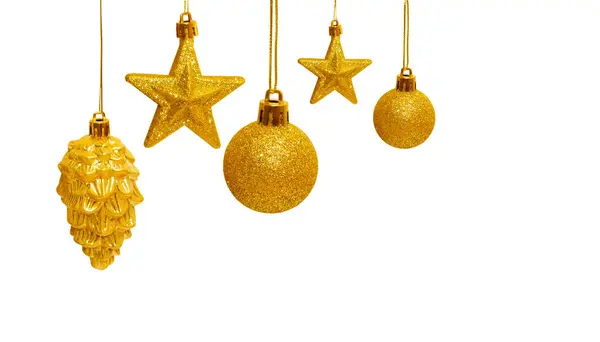 Altın madalyonlu Noel baloları, yıldız, kalp, koleksiyon beyaz arka planda izole edilmiş.