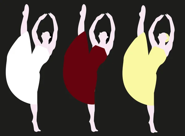 Σετ Μπαλαρίνας Σιλουέτας Εικονογράφηση Διανύσματος Μαύρο Φόντο Χορεύτρια Κόκκινο Φόρεμα — Διανυσματικό Αρχείο