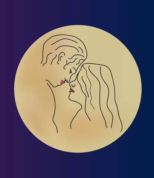 Wektor Linii Sztuki Romantyczna Para Zakochana Tle Księżyca Przed Pocałunkiem — Wektor stockowy