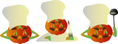 Vektör Bay Balkabağı, elinde bıçak ve çorba kepçesiyle aşçı şapkalı bir karakter. Şef Balkabağı karakterleri - Cadılar Bayramı partisi. Sonbahar teması. Balkabağı Aşçı Adam karakteri. 