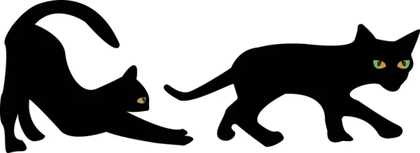 Vector Black Cat Stretching Going Silhouettes Cats Green Gloween Eyes — Stock Vector