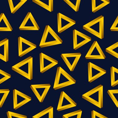 Lacivert bir arka planda vektörsüz altın üçgen desen. İmkansız şekiller, altın üçgenler, mavi arka planda üç boyutlu şekiller. Optik yanılsama