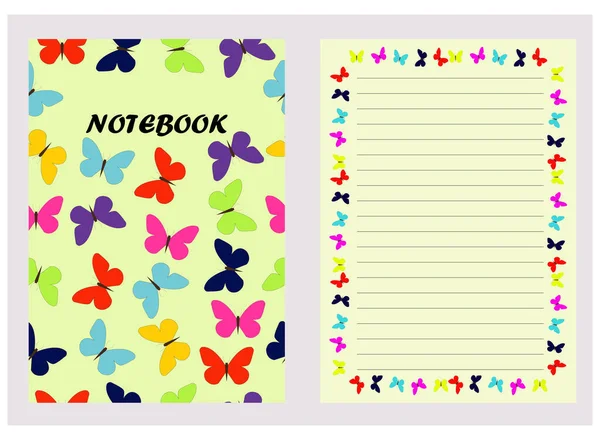 Vector Notebook Layout Páginas Com Borboletas Coloridas Lined Páginas Caderno — Vetor de Stock
