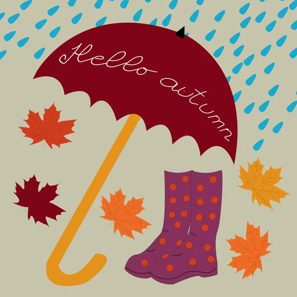 Autumn Mood Lettering Hello Autumn Autumn Symbols Grey Background Rainy — Stock Vector
