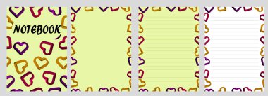 Renkli 3D kalpli defter ve sayfa düzeni. Çizgili defter kağıdı. Desenli defter şablonu. Vektör