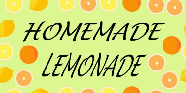 El yapımı limonata desenli harfler. Limon ve portakal dilimleri. Vektör illüstrasyonu.