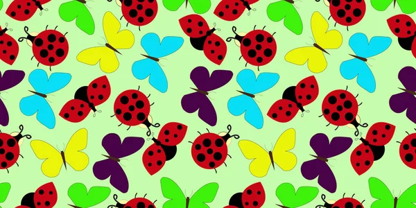 Summer Symbols Seamless Pattern Colorful Background Butterflies Ladybugs Flying Ladybirds — Stock Vector
