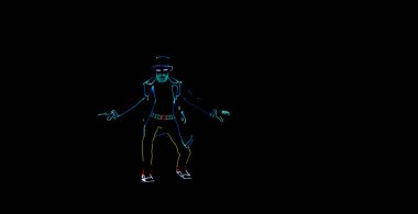 Siyah arka planda parlak takım elbiseli insanların siluetleri. Neon kostüm. Eğlence.