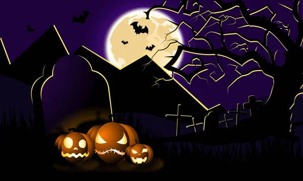 Halloween Náhrobku Ležely Tři Dýně Pozadí Strašlivého Suchého Stromu Hrobových — Stockový vektor