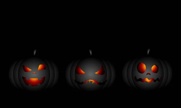 Ilustrace Tří Černých Dýní Černém Pozadí Halloween Dýně — Stockový vektor