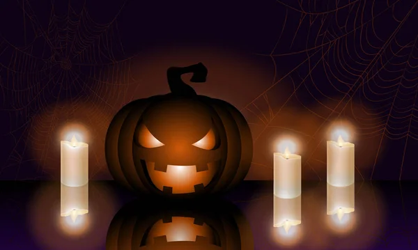 Ilustracja Dyni Halloween Ciemnym Tle Świece Obok Dyni Stole Sieć — Wektor stockowy