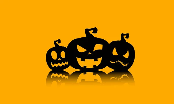 Ilustrace Tří Kreslených Dýní Žlutém Pozadí Siluety Halloweenských Dýní Prázdný — Stockový vektor