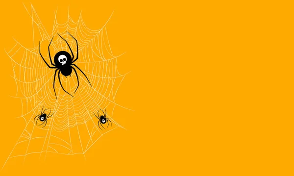 黄色の背景に黒いクモのイラスト ポストカード バナー 招待状のブランク ハロウィーンの背景 — ストックベクタ