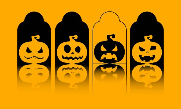 Ilustrace Halloween Dýně Žlutém Pozadí Emocionální Halloweenské Dýně Siluety Prázdný — Stockový vektor
