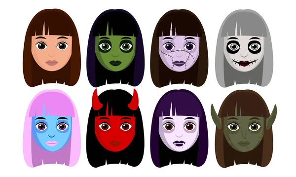 Conjunto Maquiagem Halloween Nos Rostos Das Meninas Avatar Halloween Máscaras — Vetor de Stock