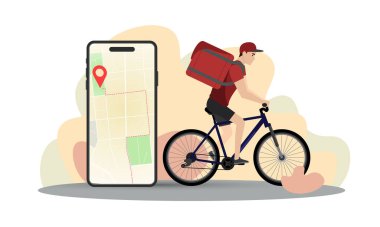 Teslimatçı illüstrasyon. Sırt çantalı genç bir adam bisiklet sürüyor. Hızlı teslimat. Teslimat servisi.