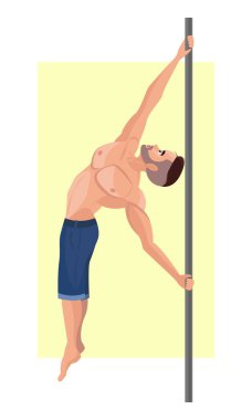 Direğin üzerinde dans eden genç bir adam tasviri. Direk dansı. Plastik şerit. Kaslı bir adam direğin üzerinde dans eder. Güzel adam. Dans etmek..