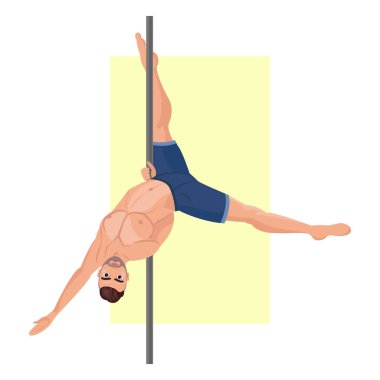 Direğin üzerinde dans eden genç bir adam tasviri. Direk dansı. Plastik şerit. Kaslı bir adam direğin üzerinde dans eder. Güzel adam. Dans etmek..