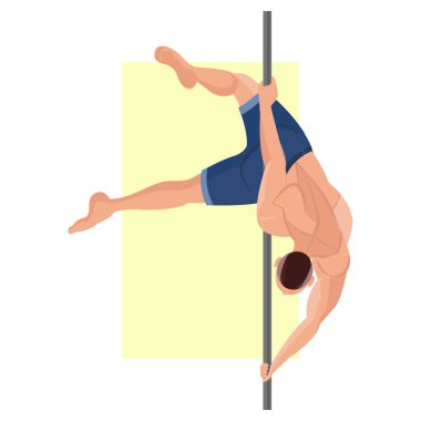 Direğin üzerinde dans eden genç bir adam tasviri. Direk dansı. Plastik şerit. Kaslı bir adam direğin üzerinde dans eder. Güzel adam. Dans etmek..