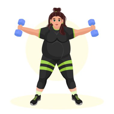 Spor salonunda spor yapan şişman bir kızın tasviri. Fitness kızı. Fazla kilolu. Kilo veriyorum. Spor egzersizleri..