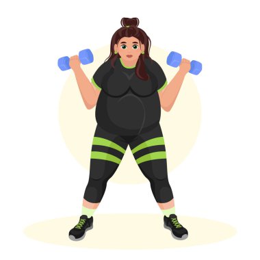 Spor salonunda spor yapan şişman bir kızın tasviri. Fitness kızı. Fazla kilolu. Kilo veriyorum. Spor egzersizleri..